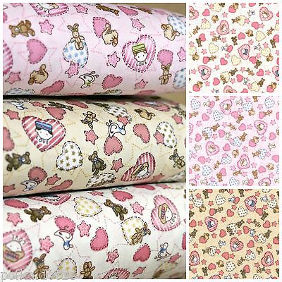 Nursery 100% Cotton Poplin Fabric Teddy Bears Hearts Pink Ivory & Cream