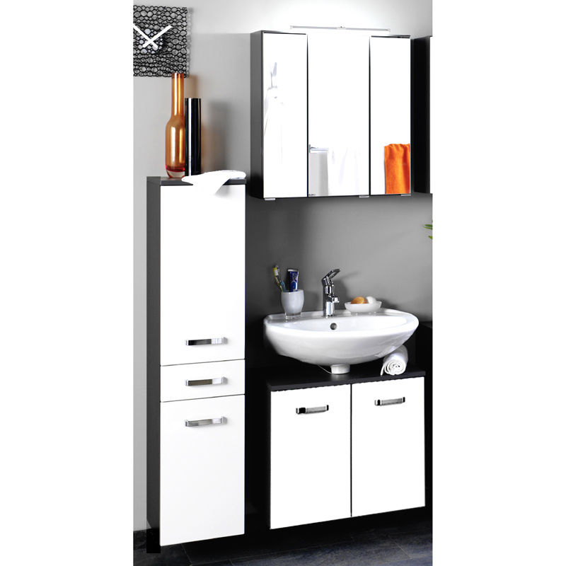 Badezimmer Set Hochglanz weiß, grau Waschplatz Spiegelschrank Badezimmermöbel