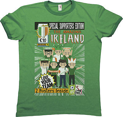 Mens Amazing IRELAND Football Comic Ringer T-Shirt Retro Cartoon