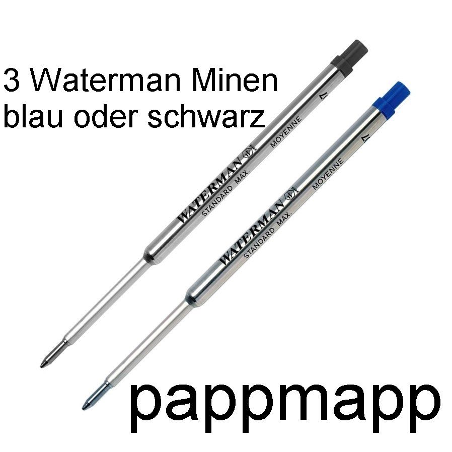 3 WATERMAN Kugelschreiber-Mine Maxima blau / schwarz - F / M Ersatzmine Kulimine