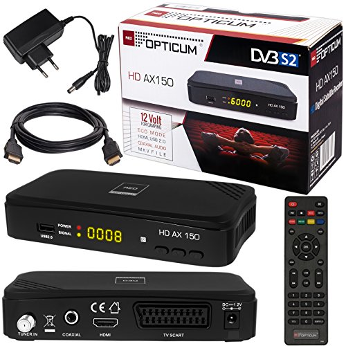 HB DIGITAL DVB-S/S2 SET: Opticum AX150 DVB-S/S2 Receiver + HDMI Kabel mit Ethernet Funktion und vergoldeten Anschlüssen (HD Ready, HDTV, HDMI, SCART, USB 2.0, Koaxial Ausgang)