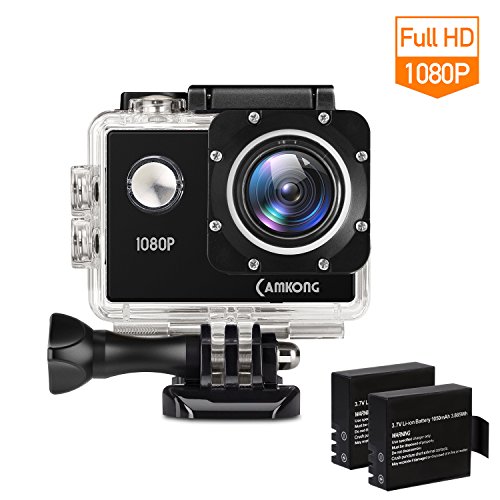 CAMKONG Sports Action Cam wasserdichte Camera Helmkamera Full HD 1080p 170 ° Weitwinkel mit 2 Verbesserten Batterien und Zubehör Kits