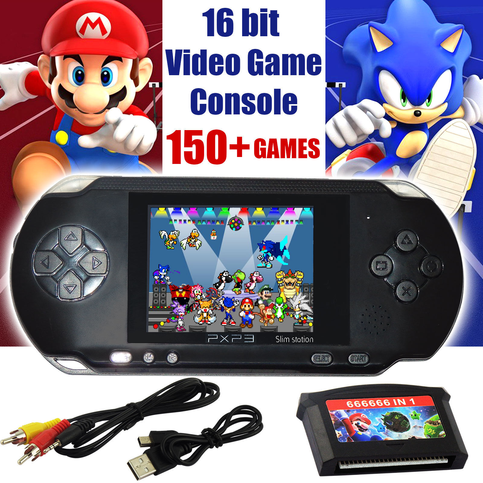16 bit Handheld Console Portable Video Game 150 Games Retro Megadrive PXP New UK