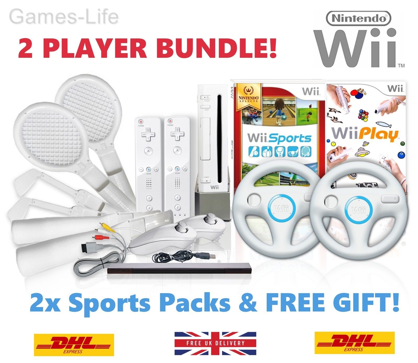 Wii Console 2 PLAYER, 2 Remotes, Sports Packs, 14 GAMES Wii Sports & Play +GIFT!