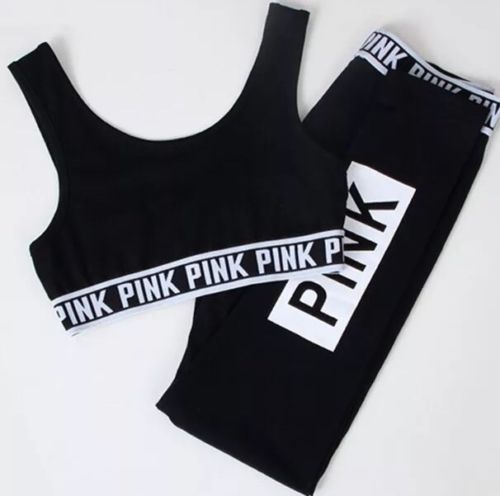 Victoria's Secret PINK Black White Crop Bra & Leggings Set Gym Yoga SMALL S 8/10