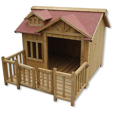 Luxus XL Hundehütte Hundehaus Holz Balkon Garten Terrasse Hund Outdoor