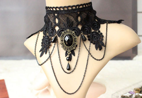 Women Gothic Victorian Steampunk Queen Party Black Lace Collar Choker Necklace