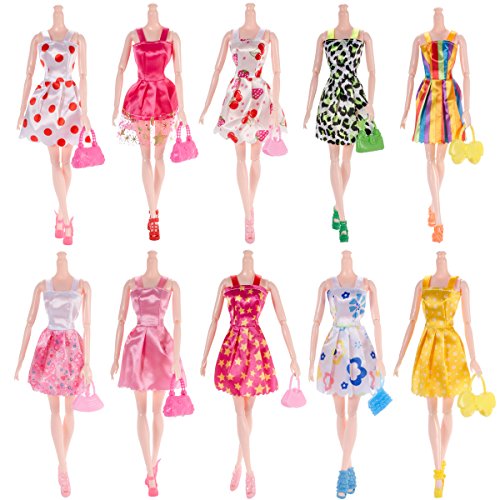 30pcs Barbie-Puppe Zusätze = 10pcs handgemachtes Hochzeits-Kleid + 10 Paare Schuhe + 10pcs Handtaschen-Schulterbeutel