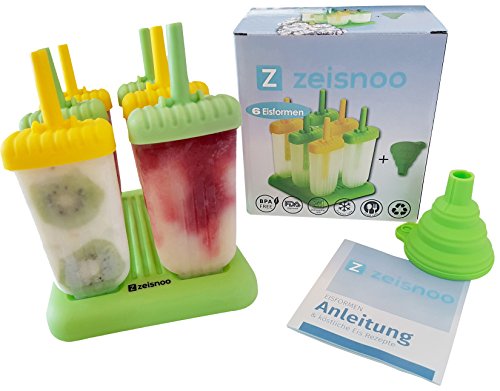 ZEISNOO 6 Eisformen BPA frei - GRATIS eBook mit 50 Eisrezepten - Mit Trichter zum Befüllen - Selbstmach Eis am Stiel für Kinder und Erwachsene - Stieleis schnell selbstgemacht - Spülmaschinen geeignet