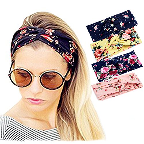 Ever Fairy® 4 Stück Damen elastische Blume gedruckt Stirnband ,Frauen Baumwolle gestrickte Verdrehte weiche Turban-Kopf-Verpackungs für Yoga oder Mode
