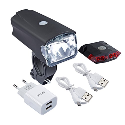 Akale Wiederaufladbare LED Frontlicht und Rücklicht Für Radfahren, 40lux , 4 Licht-Modi, Fahrradscheinwerfer, Fahrradlicht, Fahrradlampe Set (2 USB-Kabel &1 Ladegerät)