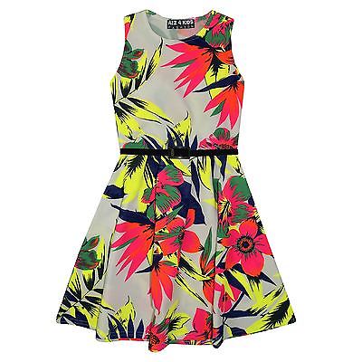 Girls Skater Dress Kids Neon Tropical Print Summer Party Dresses Age 7-13 Years