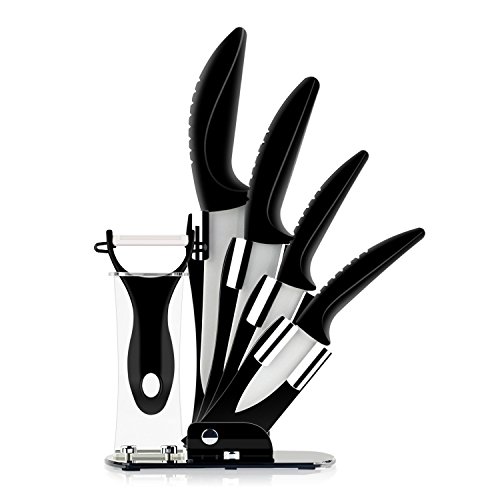 Deik Keramik Messer Set, Schwarz Klinge Küchenmesser, 6-teiliges Set ( 3“ Pairing Messer, 4“ Obstmesser, 5“ Allzweckmesser, 6“ Kochmesser, Sparschäler & Messerblock )