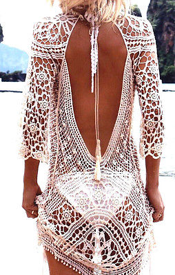 Rückenfreies Ibiza Häkel Sommerkleid in weiß Strandkleid im Boho Hippie Style