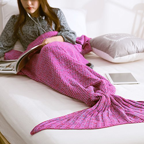 Wuiyepo Meerjungfrau Strickmuster Decke All Seasons Gestrickte Seatail Decke, Schlafsack Schlafsofa Snuggle Mermaid (violett Rote-2)