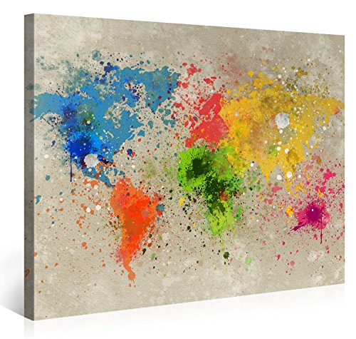 Premium Kunstdruck Wand-Bild – World Map Watercolour Explosion - 100x75cm - Modern Art XXL Giclee canvas print, Wall Art canvas picture - Canvas print stretched on a frame - XXL Canvas images in High Definition