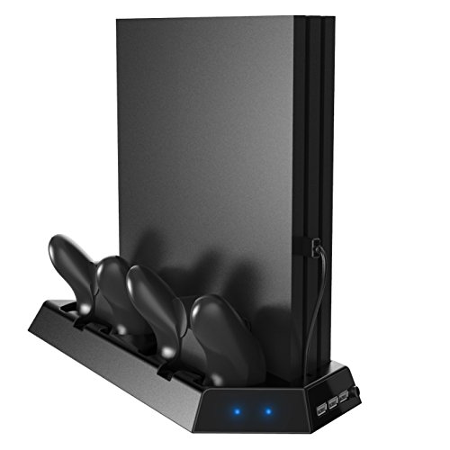 Kootek Vertical Stand für PS4 Pro mit Kühlgebläse, Controller Ladestation Vertikal Standfuß mit LED Ladeanzeige für Sony Playstation 4 Pro Spiel Konsole, Ladegerät für Dualshock 4 Controller