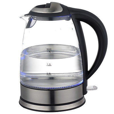 1,8 l Glas Wasserkocher Edelstahl mit blauer LED Beleuchtung kabellos 2200 Watt