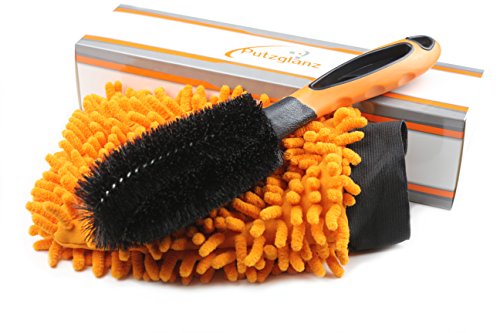 Putzglanz Premium Felgenbürste und Mikrofaser Autowaschhandschuh zur professionellen Felgenreinigung - Schonende und gründliche Reinigung von Stahl- und Alufelgen – Immer saubere Felgen (Orange-Schwarz)