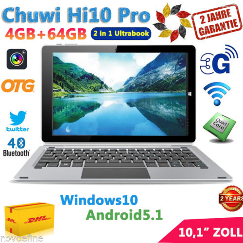 64GB+4GB 10.1'' CHUWI Hi10 Pro Quad Core Tablet PC Win 10+Android 5.1 + Keyboard