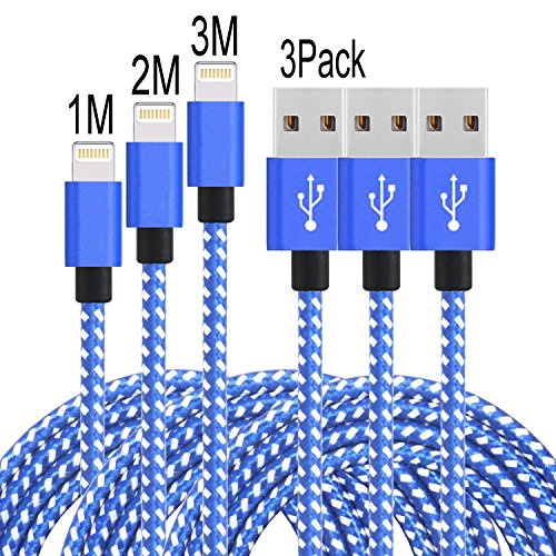 PeziMu iPhone Kabel Nylon, Geflochtenen USB Kabel Für iPhone7 / 7plus / 6s / 6 plus, iPhone SE, iPhone 5s 5c 5, iPad, iPod - (1+2+3)M (Blau Weiß)