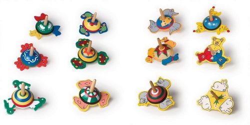 Kreisel mit unterschiedlichen Motiven im 12er Set, aus bunt lackiertem Holz, tolles Gastgeschenk an Kindergeburtstagen