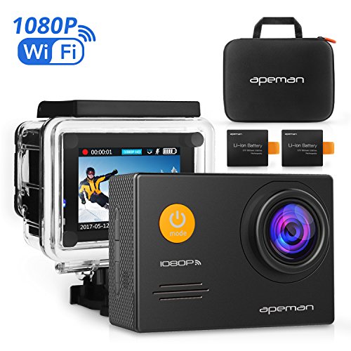 Apeman A70 Aktion und Sport Kamera mit 2 1050mAh Akkus und Accessoires (14 MP, ?1080P FULL HD, WiFi, 30 m wasserdicht)