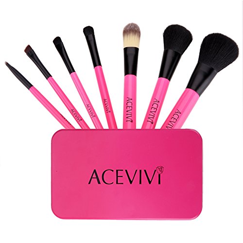 ACEVIVI 7 Teilig Professionelle Make-up Pinselset Rosa Tragbare Mini-Zinn-Kasten Kosmetische Bürsten-Satz-Reisen Make-up Pinsel Rosa