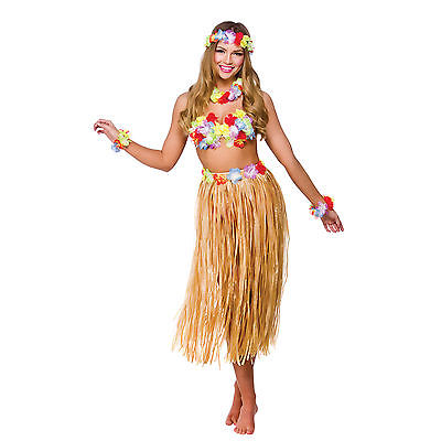 Hawaiian Party Girl 5 Piece Kit Beach Party Lei Grass Hula Skirt Outfit