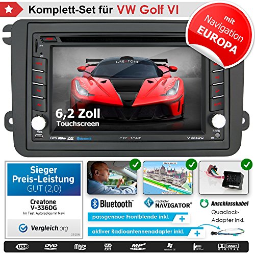 2DIN Autoradio CREATONE V-336DG für VW Golf 6 Cabrio (ab 06/2011-03/2016) mit GPS Navigation (Europa), Bluetooth, Touchscreen, DVD-Player und USB/SD-Funktion