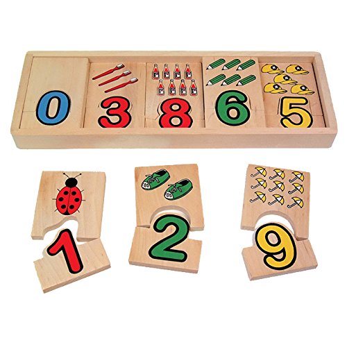 Zahlen-Zuordnung aus Holz, mit bunten Bildern und Zahlen, ideal zum Mitnehmen, schult das Verständnis für Zahlen und Mengen, für Kinder ab 3 Jahren