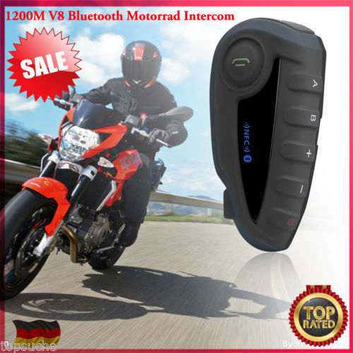 1200M V8 Bluetooth Motorrad Helm Intercom Gegensprechanlage Headset FM 5 Rides