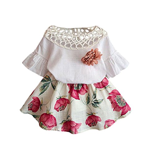 Bekleidung Longra Neue Kinder Baby Mädchen Sommer Short Sleeve Shirt Tops + Blumen Rock Set Sommerkleid Outfits(3-7Jahre) (90CM 3Jahre, White)