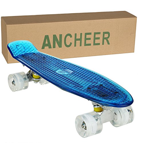 Ancheer Mini-Cruiser-Skateboard 55cm Skateboard mit oder ohne LED Deck,alle mit LED Leuchtrollen,mit USB Kabel aufzuladen,Farbe:Deck in Blau mit LED / Rollen in Weiß mit LED