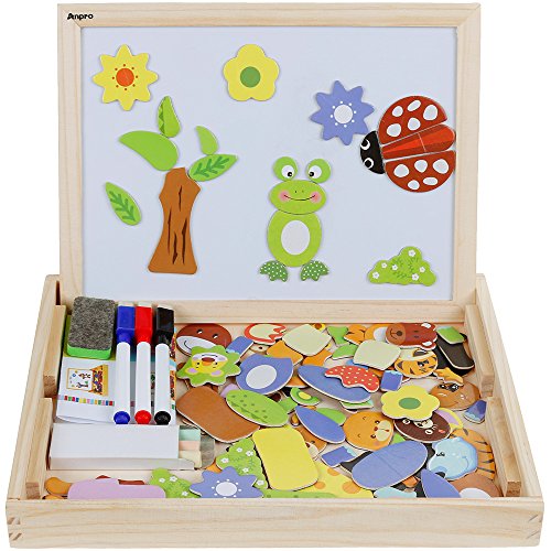Anpro Magnetisches Holzpuzzle mit Doppelseitiger Tafel, 110 Stück pädagogisches Holzspielzeug Lernspielzeug Staffelei Doodle für Kinder ab 3 Jahre alt
