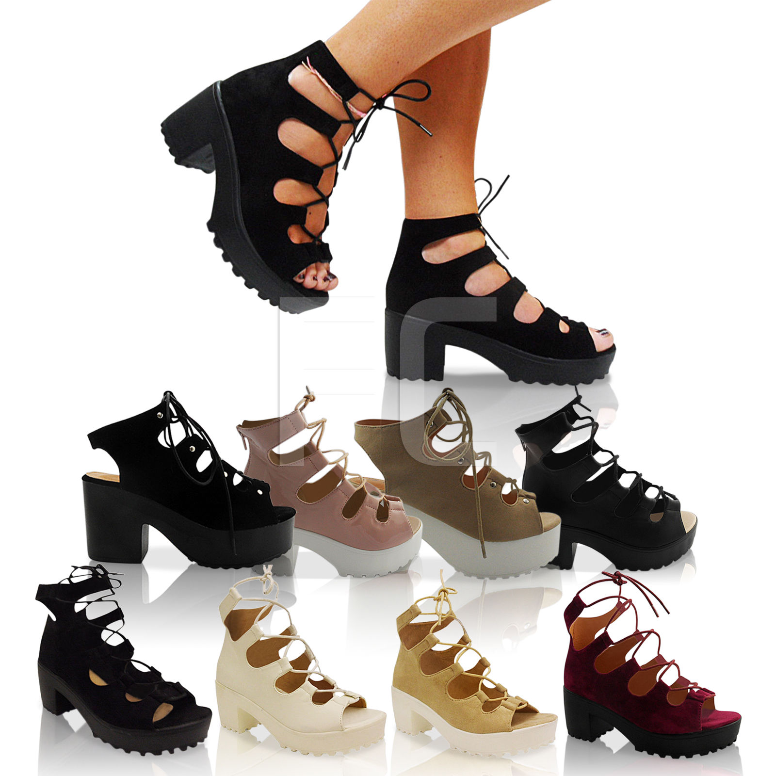 NEW WOMENS LADIES MID LOW BLOCK HEEL CHUNKY LACE UP CUT OUT GLADIATOR SHOES SIZE
