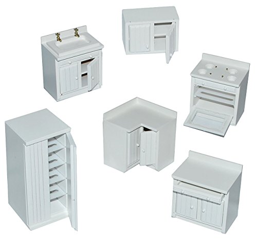 6 tlg. Set: Küche / Küchenmöbel - weiß aus Holz - Miniatur - Schrank + Spühle + Hängeschrank + Herd + Eckschrank + Kühlschrank - Puppenstubenmöbel für Puppenstube Maßstab 1:12 - Puppenhaus Puppenhausmöbel Küche - Puppenstubenmöbel Kirsche