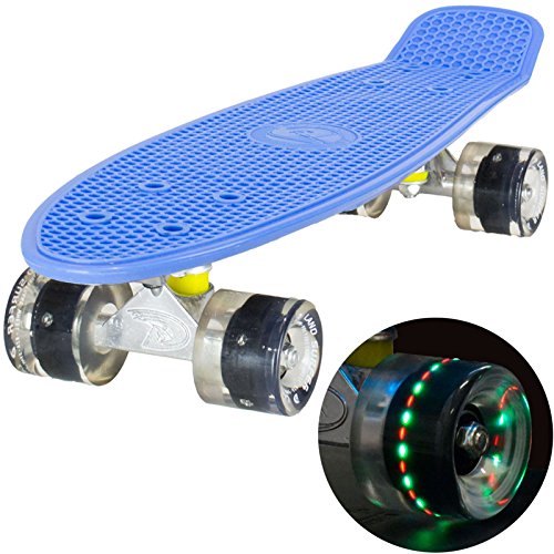 LAND SURFER® Retro Cruiser, komplettes Skateboard mit durchsichtigem 56-cm-Deck - ABEC-7-Kugellager - PU-LED-Räder (59 mm), die bei Bewegung aufleuchten + Tragetasche - Deck in Blau / Schwarz LED