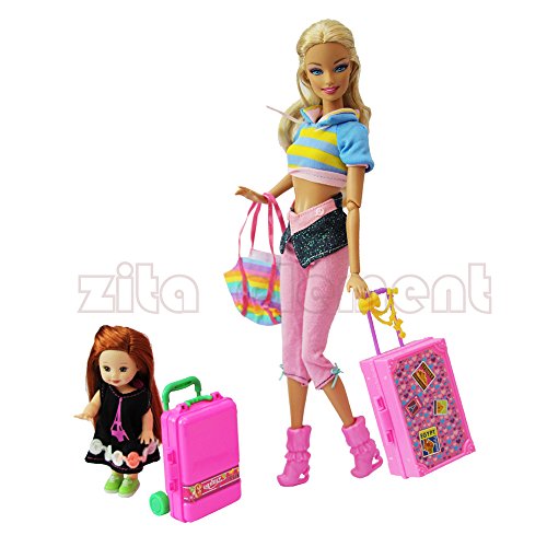 ZITA ELEMENT Los 8 von Outfit-5 Kleider für Kelly & 1 Kleidung für Barbie Doll+2Koffer Trolleys für Barbie Puppe to Reise - Zufälliger Stil