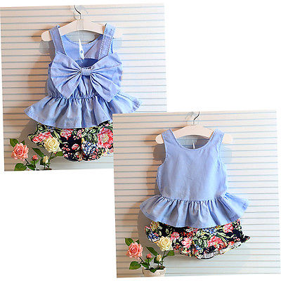 2PCS Kids Baby Girls T-shirt Tops+Floral Shorts Pants Outfit Clothes Set JU