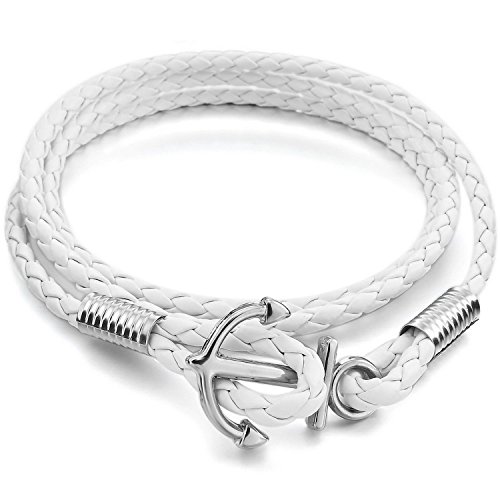 Mendino Jewellery Geflochtenes Damen- oder Herren-Leder-Armband als Kordel mit Anker, handgefertigt, Farbe: weiß