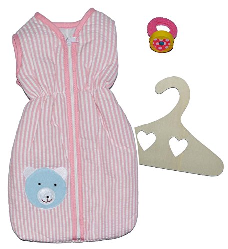 Puppenschlafsack Größe 40 - 50 cm - rosa gestreift mit Teddy Bär - für Puppen Puppenzubehör Schlafsack - Schlafsachen Schlafanzug Bett Mädchen Jungen
