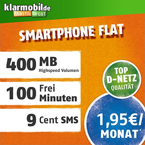 klarmobil Smartphone Flat S mit 400 MB Internet Flat max. 21 MBit/s, 100 Frei-Minuten in alle deutschen Netze, 24 Monate Laufzeit, 1,95 EUR monatlich, Triple-Sim-Karten