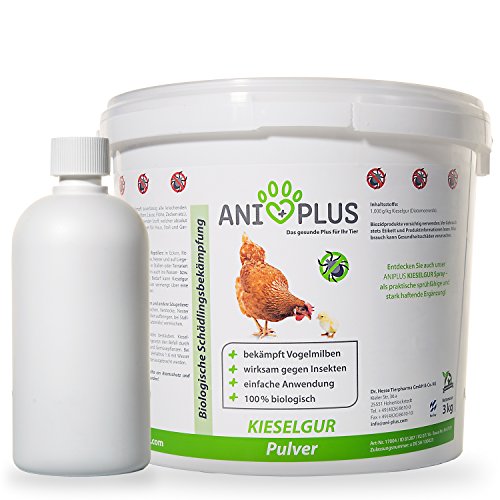 AniPlus Kieselgur (3 kg), Kieselerde Pulver für Hühner, Pferde & Hunde (100% biologisch), Diatomeenerde als Mittel gegen Vogelmilben, Ameisen & Insekten, inkl. Puderflasche