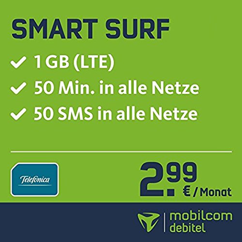 mobilcom-debitel o2 Smart Surf mit 1GB LTE Internet Flat maximal 21 MBit/s, 50 Frei-Minuten und 50 SMS, 24 Monate Laufzeit, monatlich nur 2,99 EUR, Triple-SIM-Karten