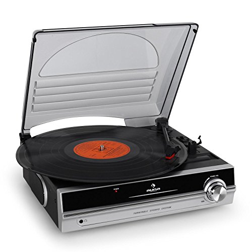 Auna TBA-298 Vinyl Plattenspieler Schallplattenspieler mit integr. Lautsprecher (laufruhiger Riemenantrieb, 2 Geschwindigkeiten, inkl. Nadel) silber-schwarz