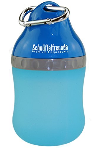 Schnüffelfreunde Trinkflasche für Hunde mit Edelstahl-Karabinerhaken | Deckel der Wasserflasche unterwegs als Wassernapf nutzbar, 400ml, blau, für große und kleine Hunde
