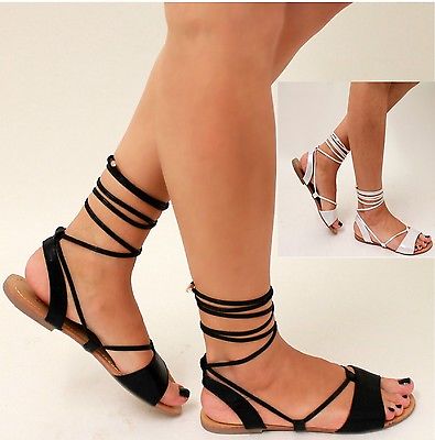 LADIES WOMENS FLAT LACE UP LEG STRAPPY GLADIATOR SUMMER FASHION SANDALS SHOES SZ