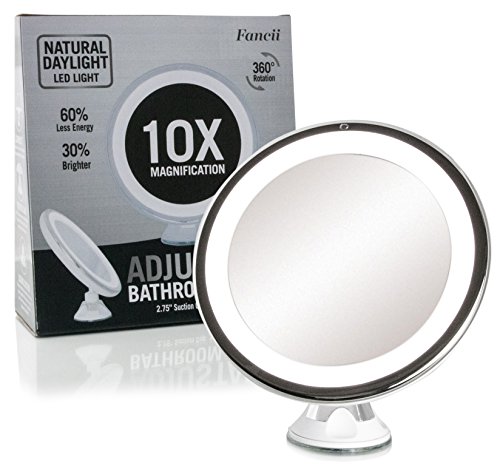 Fancii Tageslicht LED Kosmetikspiegel Beleuchtet mit 10-facher Vergrößerung, Dimmbares Licht, Starkem Saugnapf, 20 cm Breit, 360° Schwenkbar, Schminkspiegel mit Blendfreier Beleuchtung für unterwegs