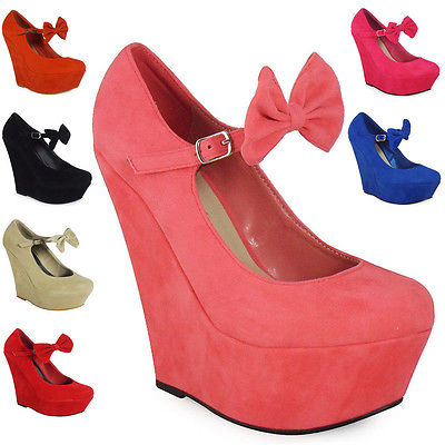 SALE! NEW WOMENS LADIES MARY JANE BOW PLATFORM HIGH HEEL WEDGE PARTY SHOES SIZE